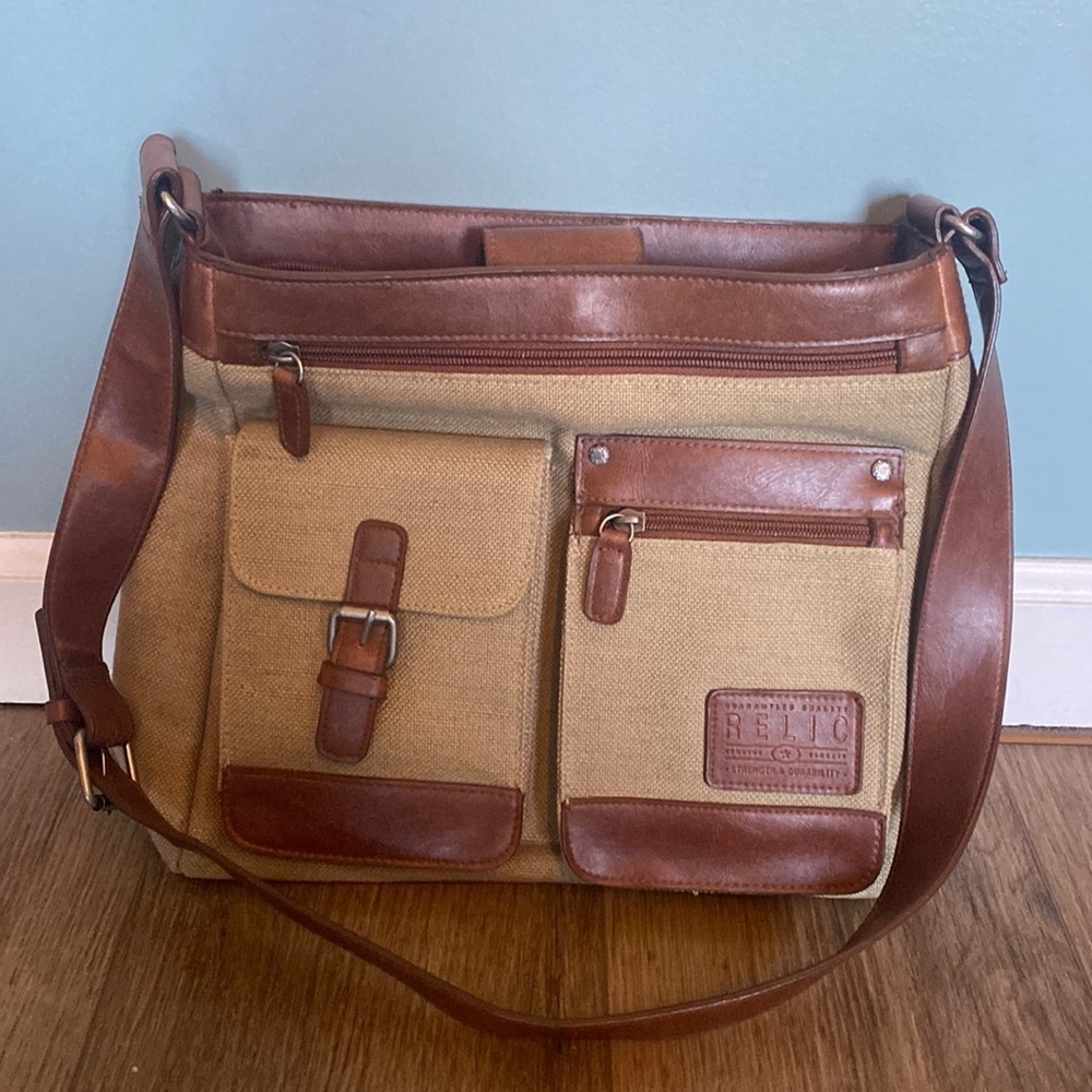 Relic vegan leather and canvas utility academic Crossbody tote bag. Preppy